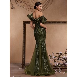 [Elegant Mermaid Gown] Form-Fitting Mermaid Gown | Elegant Deep V-Neck Sequin Evening Dress with Ruffle Sleeves and Geometric Pattern, Perfect for Weddings and Formal Events
