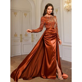 [Sequin A-Line Dress] Sequin Elegant Long Sleeve A-Line Dress | Crew Neck, Solid Color, Fitted, with Contrast Sequin Details | for Adult Women, Spring/Summer, Evening Wear