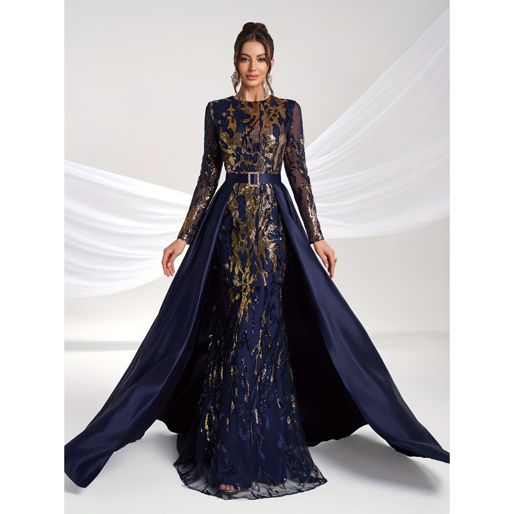 Elegant Women'S Formal Banquet Dress with Sequin Detail - Long Sleeve, Round Neck, Detachable Cape, Navy Blue/Golden Floral Print, Polyester, Perfect for Weddings and Special Occasions