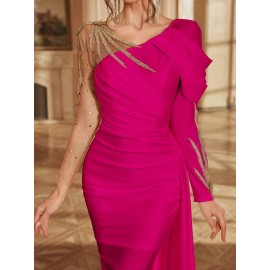 Women's Formal Evening gown - V-Neck Long Formal dress with Zipper back, Elegant Mermaid Party, Wedding, State Gala - Machine Washable Formal Attire in Bright Pink