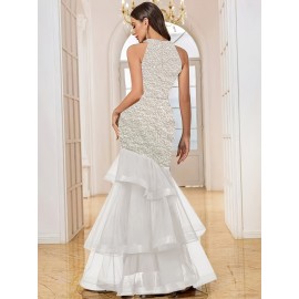 Sequin Open Back Mesh Layered Evening Gown, Elegant Women'S Party Dress for Weddings, Graduations, and Formal Dinners with Slight Stretch Fit Mermaid Skirt