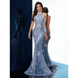 [Elegant Dress] Elegant Sleeveless Formal Dinner Dress | Champagne Halterneck Fishtail for Women - Sparkling Sequins, Mermaid Silhouette, Perfect for Galas & Weddings, Sophisticated Style, Intricate Embellishments