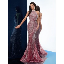 [Elegant Dress] Elegant Sleeveless Formal Dinner Dress | Champagne Halterneck Fishtail for Women - Sparkling Sequins, Mermaid Silhouette, Perfect for Galas & Weddings, Sophisticated Style, Intricate Embellishments