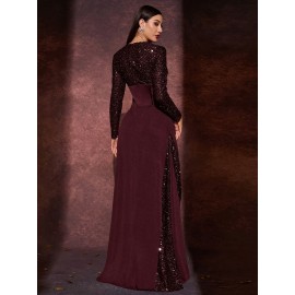 [Sequin Formal Dress] Elegant Sequin V-Neck Long Sleeve A-Line Dress | Women's Floor-Length Formal Party Gala Evening Gown with Waist-Cinching & High Slit