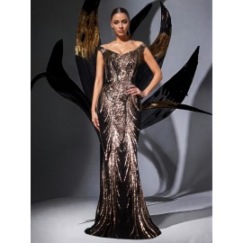 Exquisite Elegant U-Neck Waist-Cinched Fishtail Dress with Beaded Rhinestone Embellishments – Glamorous Evening Gown for Banquets, Awards Ceremonies, Weddings, and Graduation Parties