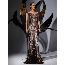 Exquisite Elegant U-Neck Waist-Cinched Fishtail Dress with Beaded Rhinestone Embellishments – Glamorous Evening Gown for Banquets, Awards Ceremonies, Weddings, and Graduation Parties