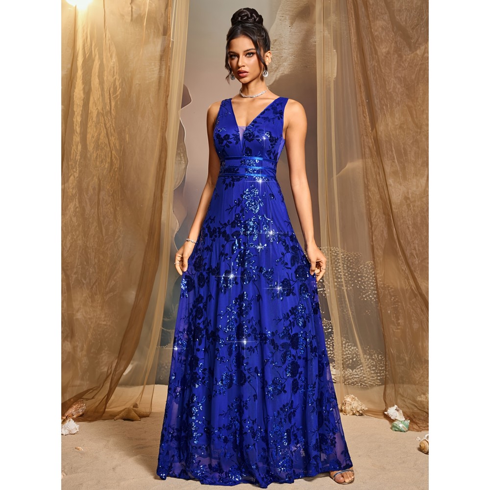Elegant Royal Blue Sequin Gown for Women - V-Neck, Waist-Cinching Long Dress with Flowing Skirt, Perfect for Parties, Galas, and Formal Events, Formal Event Attire|Sequin Embellished Dress|Sleek Fitted Top