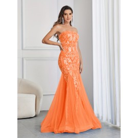 Stunning Sequined Mermaid Wedding Dress - Elegant Sleeveless Mesh Tube Gown for Party, Banquet, Engagement Ceremony, Wedding Occasion - Women's Formal Clothing for Special Events