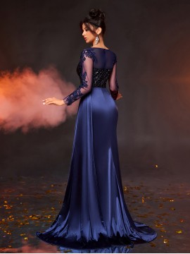[Navy Blue Evening Gown] Women's Elegant Navy Blue Evening Gown with Sequin Embellishments - V-Neck Long Sleeve Mermaid Party Dress, High Slit & Train, Floor-Length Formal Gala Wedding Prom Dress, Hand Washable Luxury Partywear