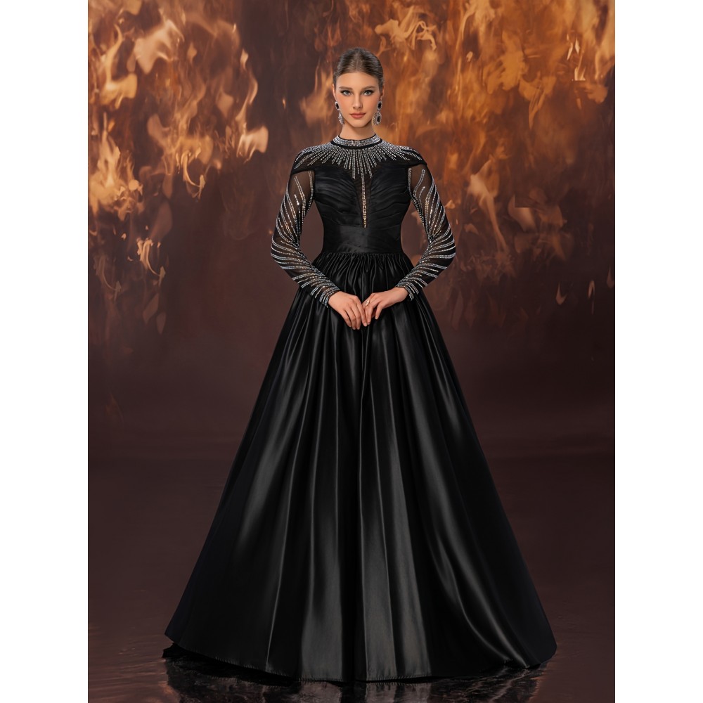 Women's Elegant Black Evening Gown - Satin & Mesh Cocktail Dress with Stand-Up Collar, Rhinestone Embellishments, Fitted Silhouette & Micro-Stretch Fabric for Galas, Weddings, Formal Parties
