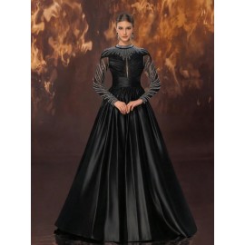 Women's Elegant Black Evening Gown - Satin & Mesh Cocktail Dress with Stand-Up Collar, Rhinestone Embellishments, Fitted Silhouette & Micro-Stretch Fabric for Galas, Weddings, Formal Parties