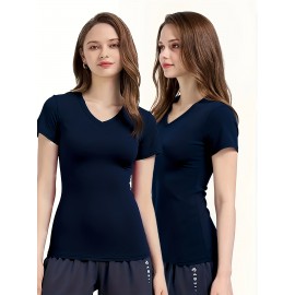 Women'S V-Neck T-Shirt with Left Chest & Sleeve Logo Print, Customizable Personal Design, Soft Breathable Stretch Fabric for Comfortable Movement - Perfect for, Casual Wear, Yoga, Dance & Sports Teams, Comfortable Fit, Durable Construction
