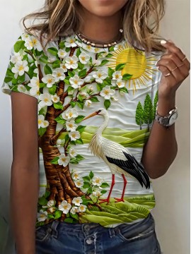 Women'S Elegant White Flower & Bird Print T-Shirt - Fresh Countryside Landscape Design, Comfortable Round Neck, Short Sleeve, Lightweight Polyester Blend for Casual Outdoor Wear, Ladies T