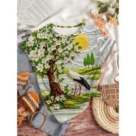 Women'S Elegant White Flower & Bird Print T-Shirt - Fresh Countryside Landscape Design, Comfortable Round Neck, Short Sleeve, Lightweight Polyester Blend for Casual Outdoor Wear, Ladies T