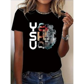 Women'S Casual Short Sleeve T-Shirt with Lion Graphic Design - 