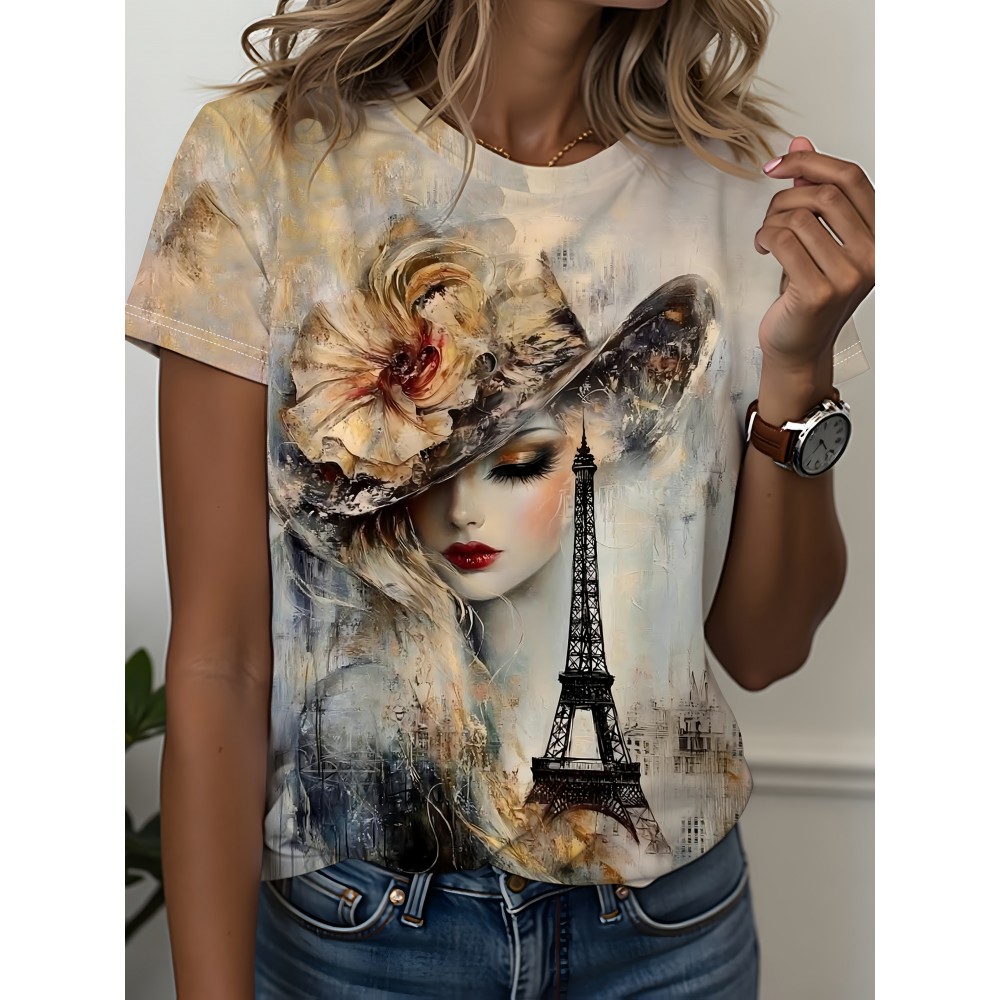 Women's French Art Style T-Shirt - Oil Painting & Eiffel Tower Print, Casual Short Sleeve Round Neck Top, Machine Washable All-Season Women's Clothing