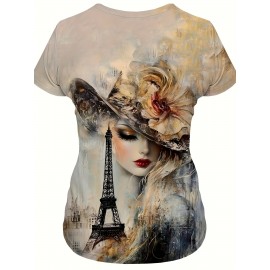Women's French Art Style T-Shirt - Oil Painting & Eiffel Tower Print, Casual Short Sleeve Round Neck Top, Machine Washable All-Season Women's Clothing