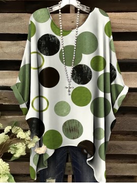 Plus Size, Women's Oversized Green & White Polka Dot T-Shirt - Casual Batwing Short Sleeves, Asymmetrical Hem & Round Neck Summer Top, Breathable All-Season Comfort Fit, Machine Washable Casual Attire (No Jewelry Needed)