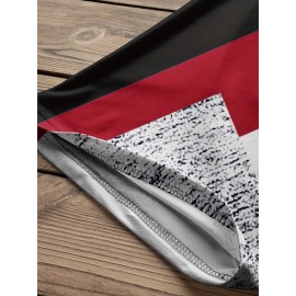 Plus Size - Women'S Plus Size Geometric Print T-Shirt - Casual Crew Neck, Short Sleeve, Asymmetrical Hem, Black & White Design with Red Accents, Comfortable Summer Top, Ladies T Shirts