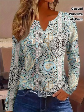 Plus Size, Plus Size Women's Elegant V-Neck Long Sleeve T-Shirt - All-Over Floral Print, Stretchy Mid-Weight Fabric, Machine Washable, Autumn Winter Casual & Formal Tops