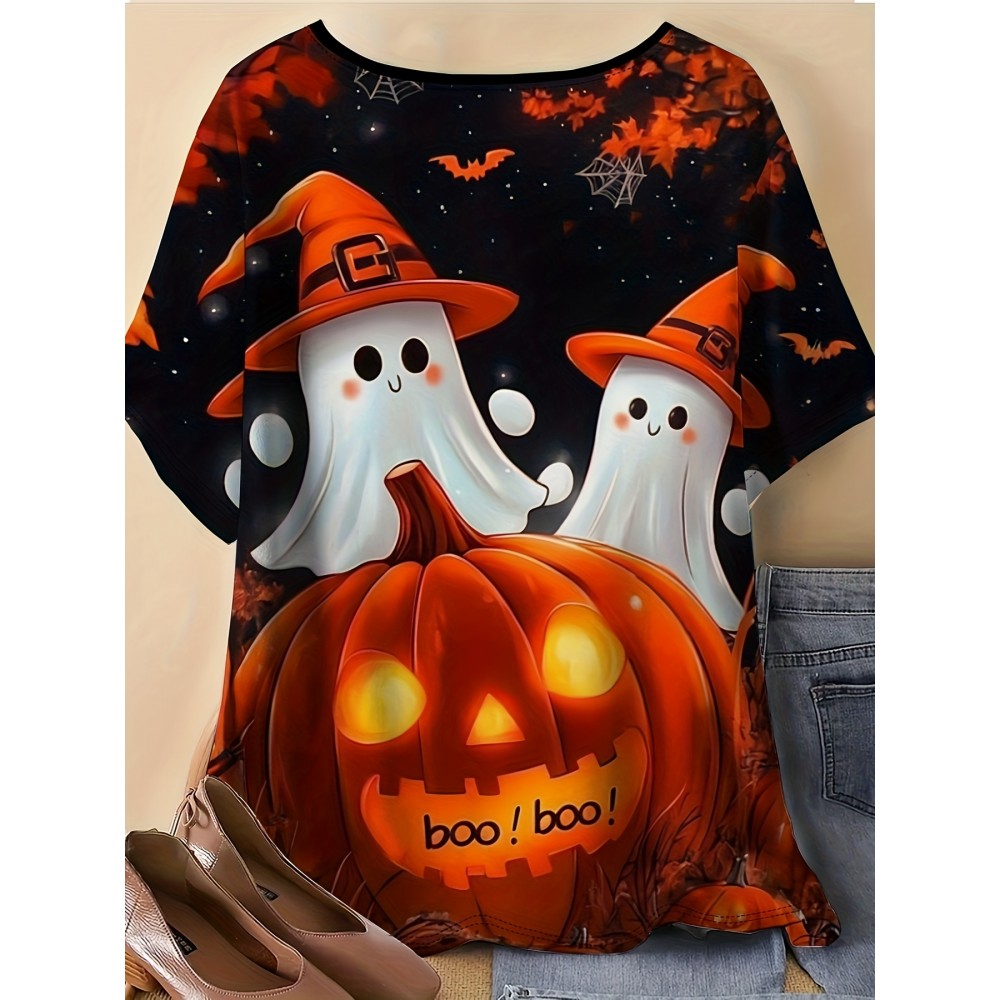 Plus Size - Plus Size Women'S Halloween Graphic Tee - 3D Witch Hat & Pumpkin Design, Soft Breathable Fabric, Round Neck Short Sleeve Top, Machine Washable, Casual Fall & Winter Wear, Perfect Halloween Gift, Halloween Costume