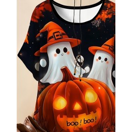 Plus Size - Plus Size Women'S Halloween Graphic Tee - 3D Witch Hat & Pumpkin Design, Soft Breathable Fabric, Round Neck Short Sleeve Top, Machine Washable, Casual Fall & Winter Wear, Perfect Halloween Gift, Halloween Costume