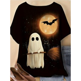 [Halloween Shirts] Plus Size Women's Halloween T-Shirt - Spooky Ghost, Bats & Full Moon Print, Stretchy Round Neck Short Sleeve Top | Casual Summer Outdoor Wear, Elegant & Comfortable Fabric
