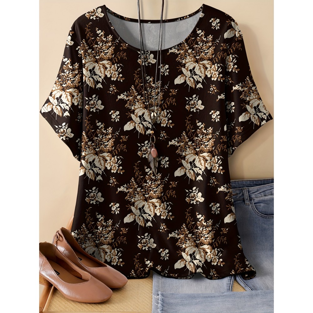 Plus Size, Oriented Plus Size Retro Multicolor Floral Print T-Shirt with Round Neck, Casual Spring/Summer Short Sleeve Top for Women - No Accessories Included