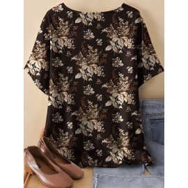 Plus Size, Oriented Plus Size Retro Multicolor Floral Print T-Shirt with Round Neck, Casual Spring/Summer Short Sleeve Top for Women - No Accessories Included