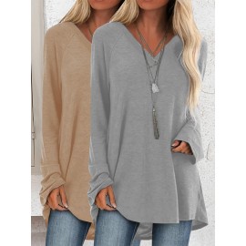 Plus Size - 2pcs Women'S Casual Long Sleeve V-Neck T-Shirts, Solid Color Asymmetrical Hem, Medium Stretch, Relaxed Fit, Plus Size, Fall Fashion Top Tee, Ladies T Shirts