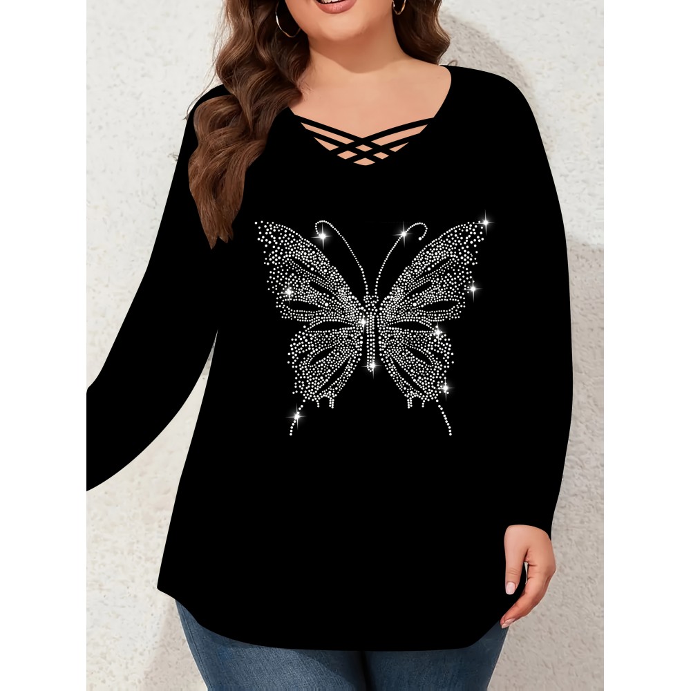 Elegant Plus Size Women's Rhinestone Butterfly Top • V-Neck Cross Strap Long Sleeves • Formal Party & Everyday Chic Blouse • Machine Washable Winter Clothing
