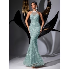 [Elegant Dress] Elegant Sleeveless Formal Dinner Dress | Champagne Halterneck Fishtail for Women - Sparkling Sequins, Mermaid Silhouette, Perfect for Galas & Weddings, Sophisticated Style, Intricate Embellishments