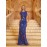 Elegant Avine Round Neck Sequin Mermaid Dress with Floral Sequins - Blue & Golden, Perfect for Weddings, Galas, and Graduations