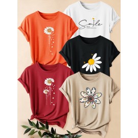 [Versatile Summer T-Shirt Set] 5pcs Versatile Summer T-Shirt Set, Women's Simple Floral Short Sleeve Chrysanthemum Print Round Neck Loose Fit Casual Fashionable Commute Vacation Everyday Top in Multiple Colors 1XL-5XL