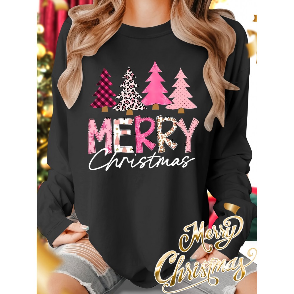 Christmas Autumn and Winter Outfits Pink Christmas Tree Letter Print Round Neck Casual Sporty Fresh Elegant Plus Size Women'S T-Shirt Autumn and Winter Long Sleeve Fashion Commute Vacation Daily Versatile Retro Style Top Multiple Colors Available 1XL-5XL