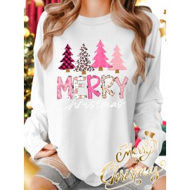 Christmas Autumn and Winter Outfits Pink Christmas Tree Letter Print Round Neck Casual Sporty Fresh Elegant Plus Size Women'S T-Shirt Autumn and Winter Long Sleeve Fashion Commute Vacation Daily Versatile Retro Style Top Multiple Colors Available 1XL-5XL