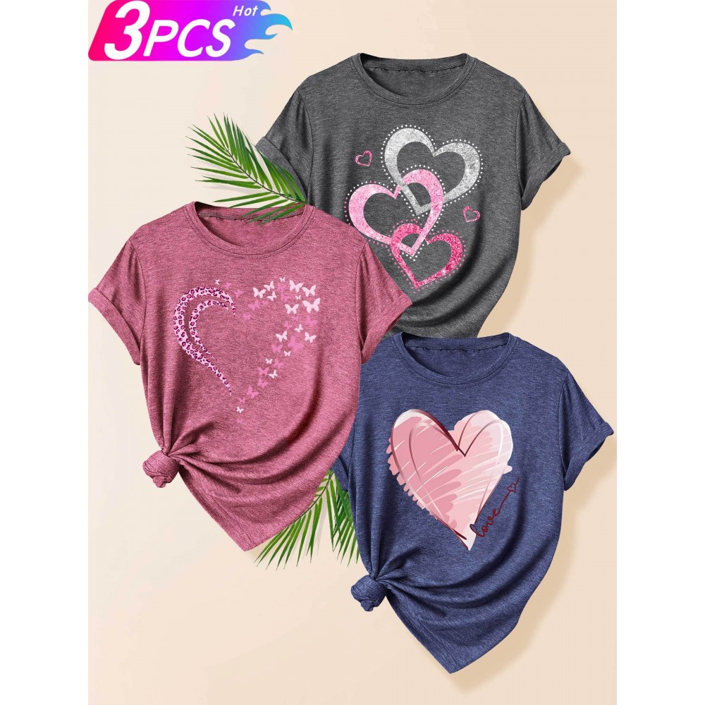 [Cute Heart T-Shirts] 3pcs Women's Heart Graphic T-Shirts | Casual Crew Neck Short Sleeve Tops with 