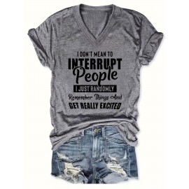 Women'S Casual V-Neck T-Shirt with Alphabet Print, Polyester 60%, Rayon 35%, Spandex 5%, Medium Stretch Knit Fabric, Regular Length, for Spring/Summer/Fall - 180g/m²