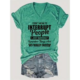 Women'S Casual V-Neck T-Shirt with Alphabet Print, Polyester 60%, Rayon 35%, Spandex 5%, Medium Stretch Knit Fabric, Regular Length, for Spring/Summer/Fall - 180g/m²